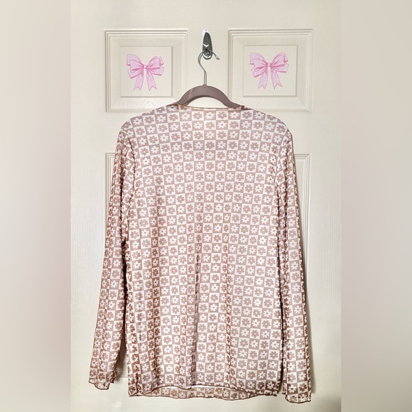 Checkerboard Flower Long Sleeve Brown Boho Top Sheer Fully Lined Shirt Women’s - Picture 2 of 4
